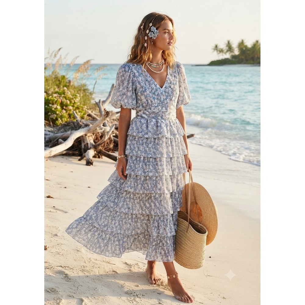 One Loved Babe Promise Me This Floral Tiered Maxi Dress Blue White 1XL New $96
